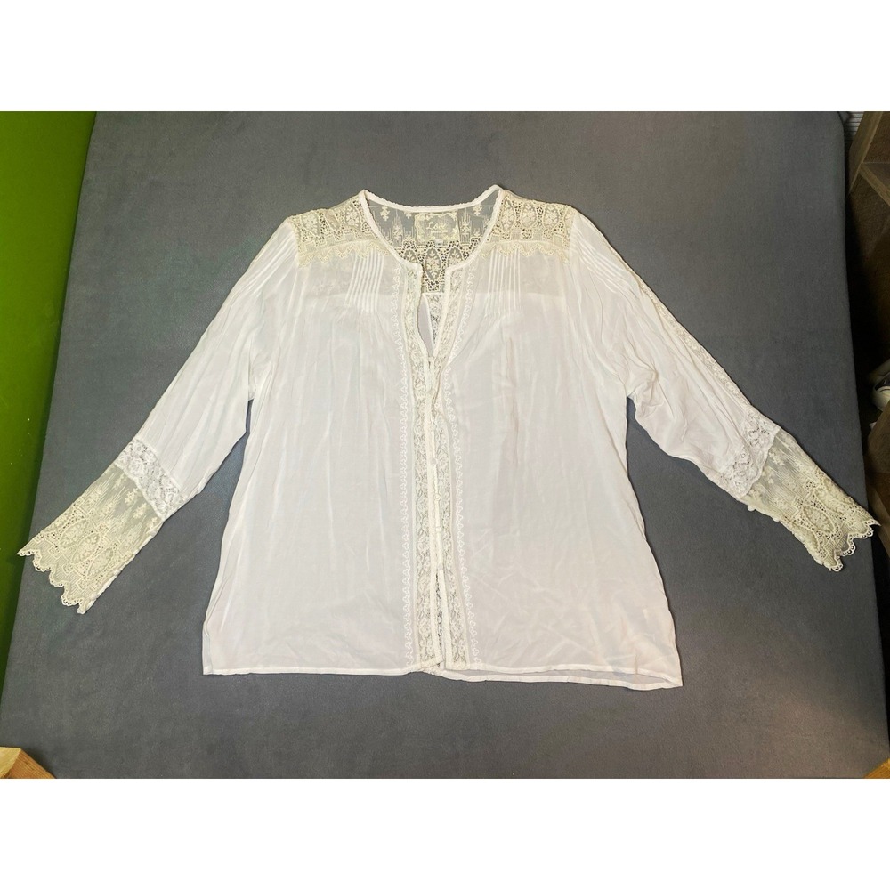 Love Johnny Was Romantic Lace Sheer Long Sleeve Blouse white Women's XL